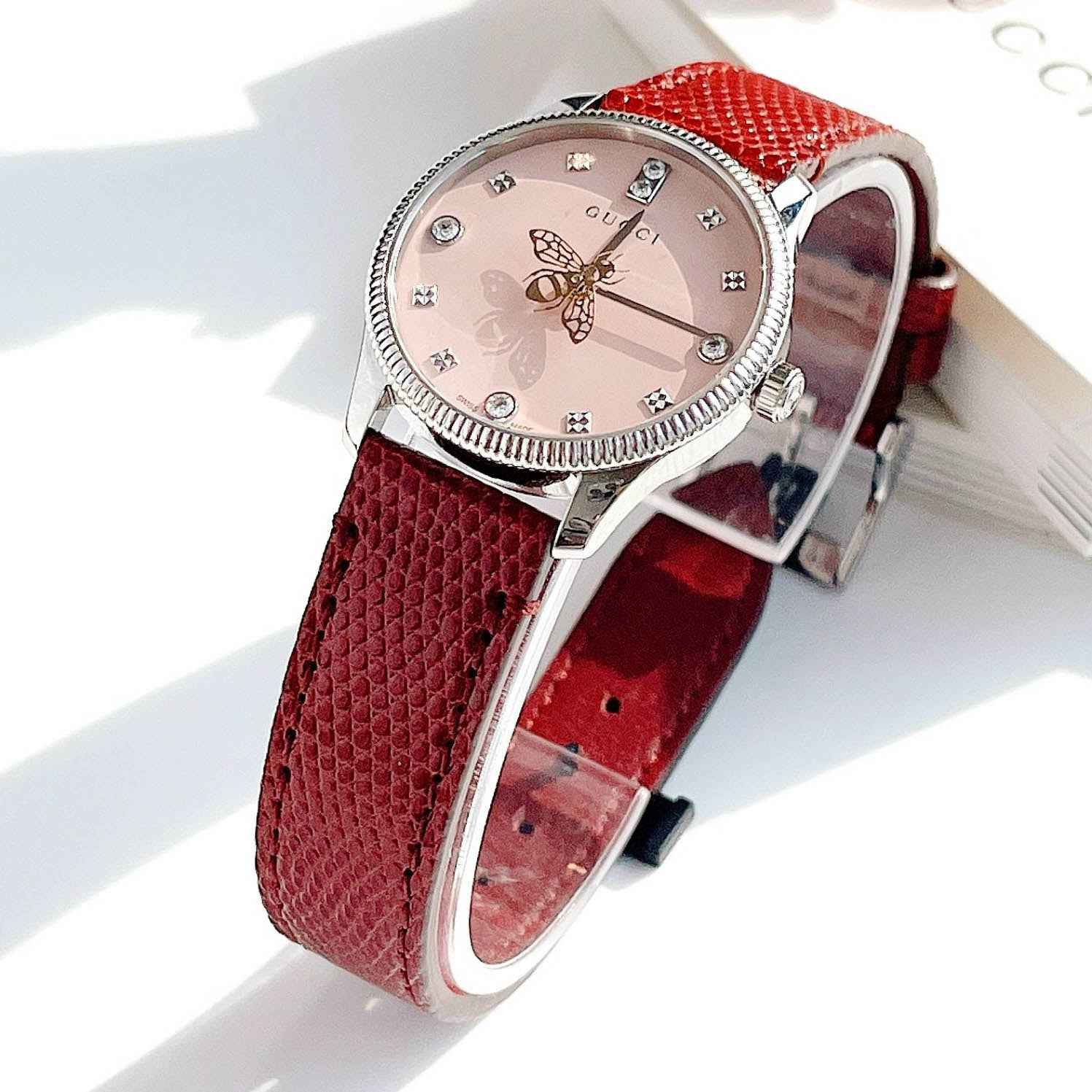  Shop Authentic Gucci G Timeless Quartz Diamonds Pink Dial Red Leather Strap Watch For Women - YA1265017 - Luxxuri