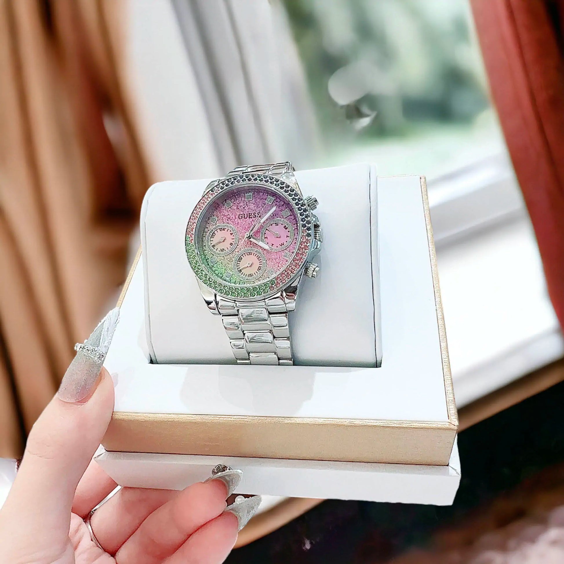  Shop Authentic Guess Sol Chronograph Crystals Multicolor Dial Silver Steel Strap Watch For Women - GW0483L1 - Luxxuri