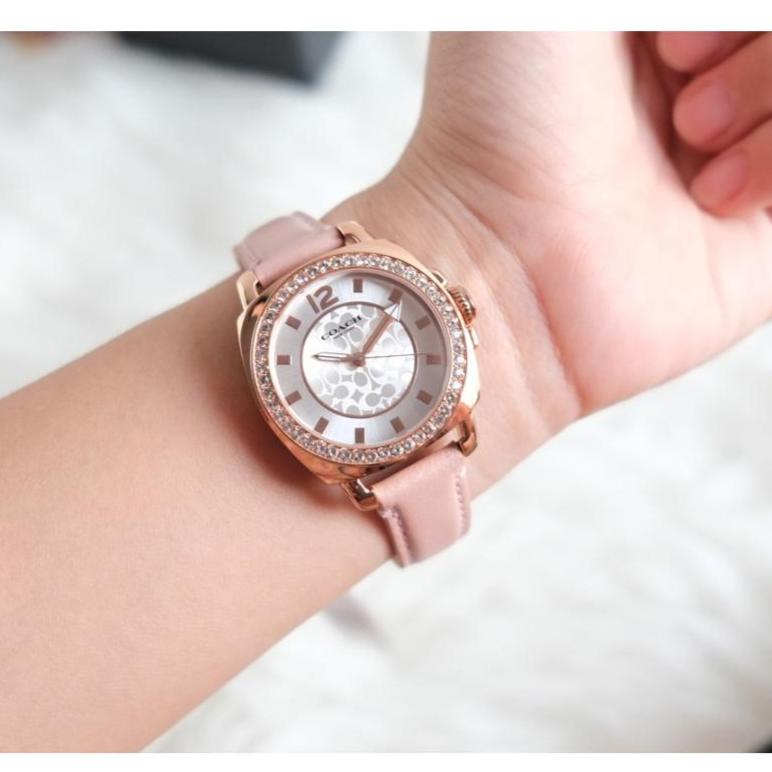 Coach Boyfriend Mother of Pearl White Dial Pink Leather Strap Watch for Women - 14503151