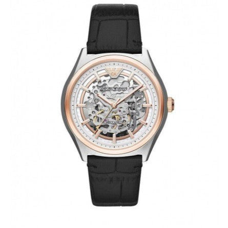  Shop Authentic Emporio Armani Zeta Skeleton Automatic Silver Dial Black Leather Strap Watch For Men - AR60018 - Luxxuri