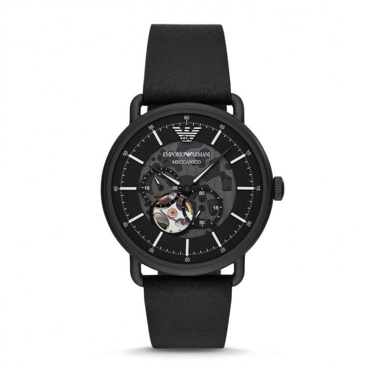 Emporio Armani Aviator Chronograph Black Dial Black Leather Strap Watch For Men - AR60028