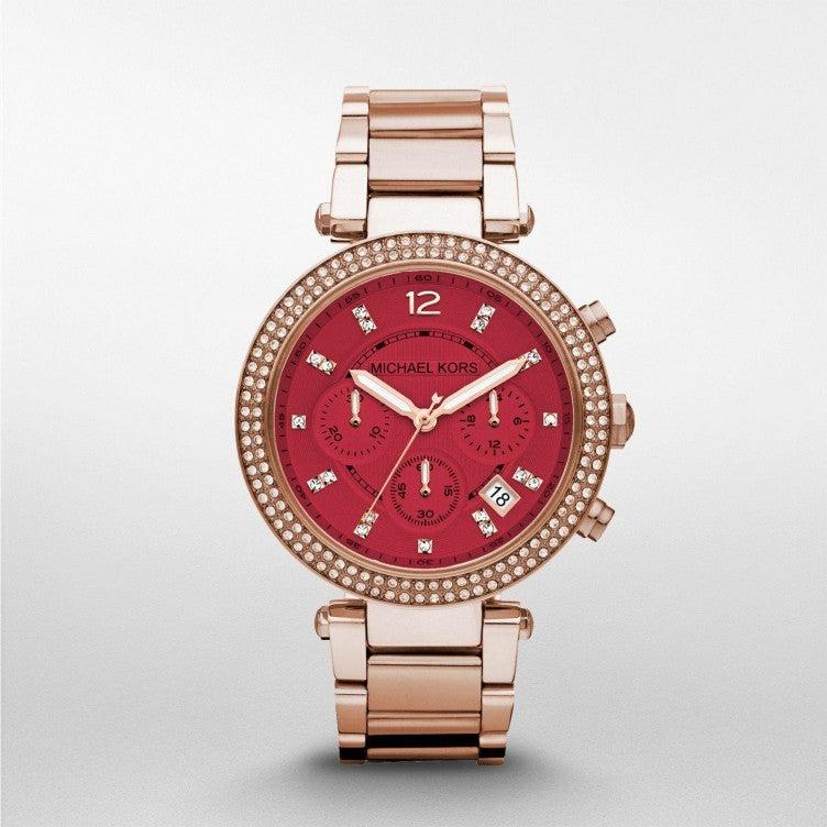  Shop Authentic Michael Kors Parker Chronograph Red Dial Rose Gold Steel Strap Watch For Women - MK6106 - Luxxuri