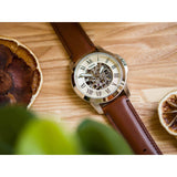  Shop Authentic Fossil Grant Automatic Beige Skeleton Dial Brown Leather Strap Watch for Men - ME3099 - Luxxuri