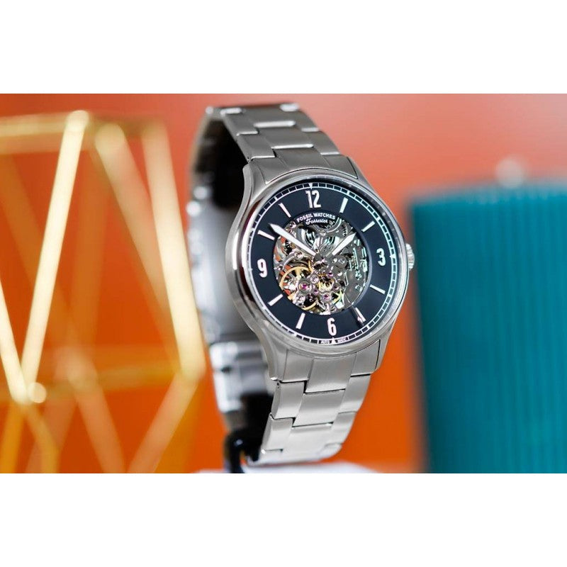  Shop Authentic Fossil Forrester Automatic Skeleton Black Dial Silver Steel Strap Watch for Men - ME3180 - Luxxuri