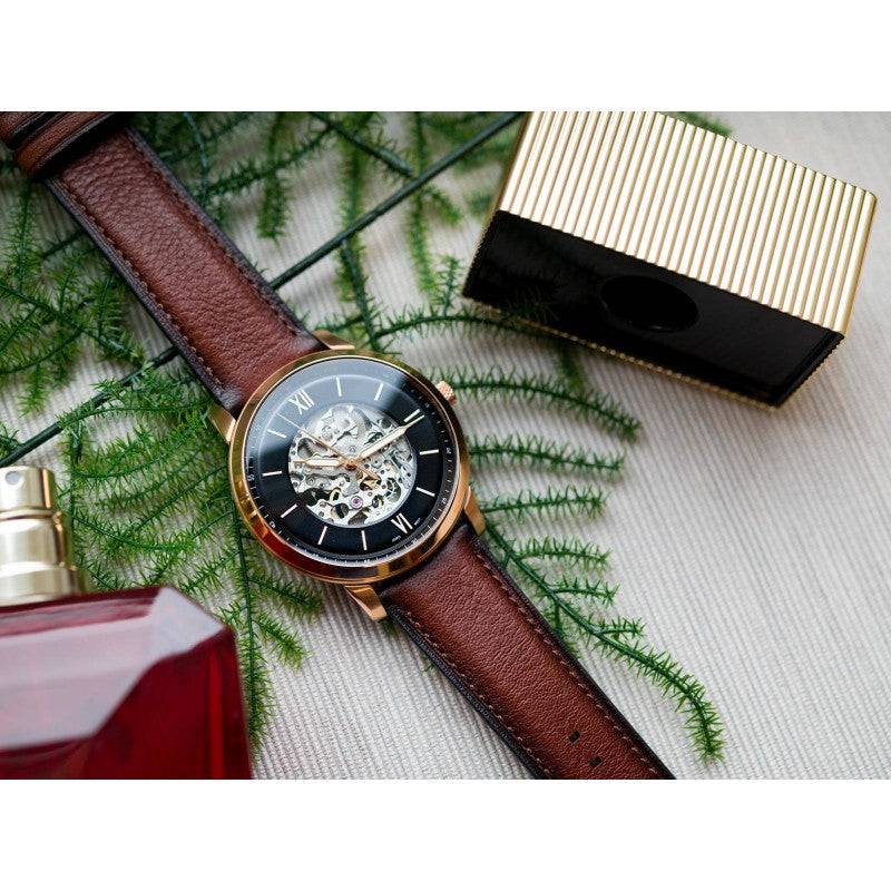  Shop Authentic Fossil Neutra Automatic Skeleton Black Dial Brown Leather Strap Watch for Men - ME3195 - Luxxuri