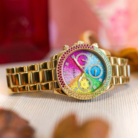 Guess Confetti Chronograph Rainbow Dial Gold Steel Strap Watch For Women  - GW0483L4