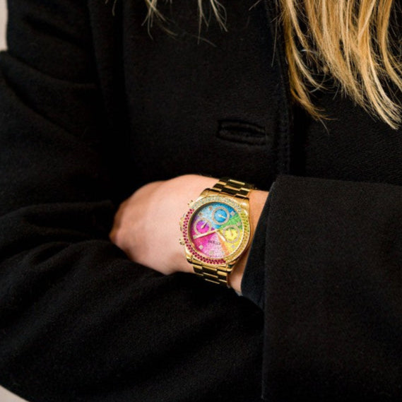 Guess Confetti Chronograph Rainbow Dial Gold Steel Strap Watch For Women  - GW0483L4