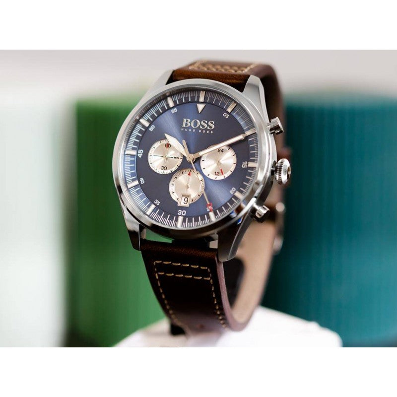  Shop Authentic Hugo Boss Pioneer Chronograph Blue Dial Brown Leather Strap Watch For Men - 1513709 - Luxxuri