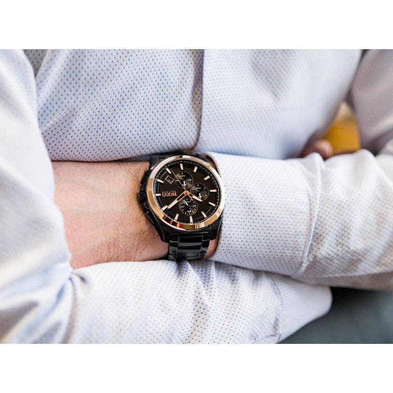 Hugo Boss Grandmaster Black Dial Black Steel Strap Watch for Men  - 1513885