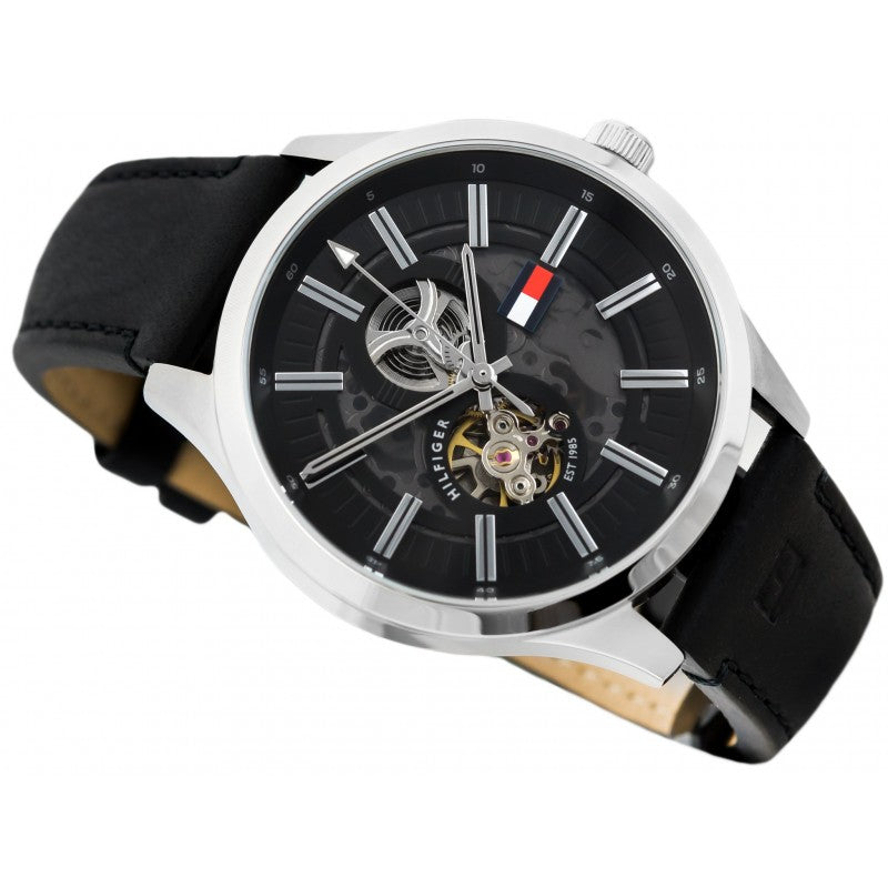  Shop Authentic Tommy Hilfiger Spencer Skeleton Black Dial Black Leather Strap Watch for Men - 1791641 - Luxxuri