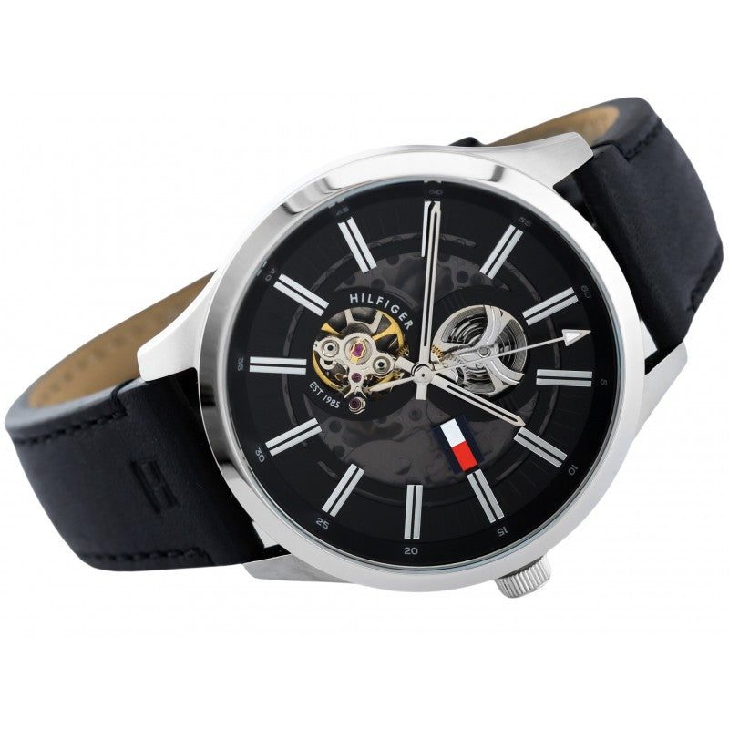  Shop Authentic Tommy Hilfiger Spencer Skeleton Black Dial Black Leather Strap Watch for Men - 1791641 - Luxxuri