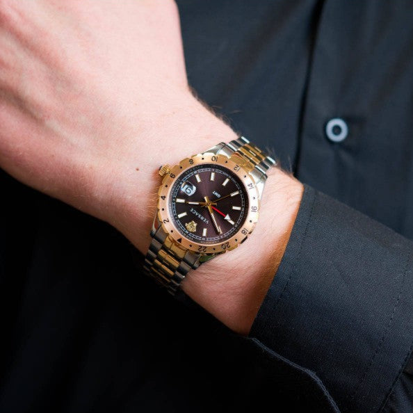  Shop Authentic Versace Hellenyium GMT Black Dial Two Tone Steel Strap Watch for Men - V11040015 - Luxxuri