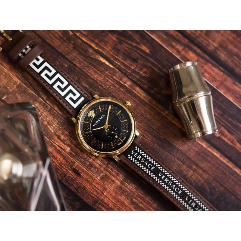  Shop Authentic Versace V-Circle Quartz Black Dial Brown Leather Strap Watch for Men - VEBQ01619 - Luxxuri