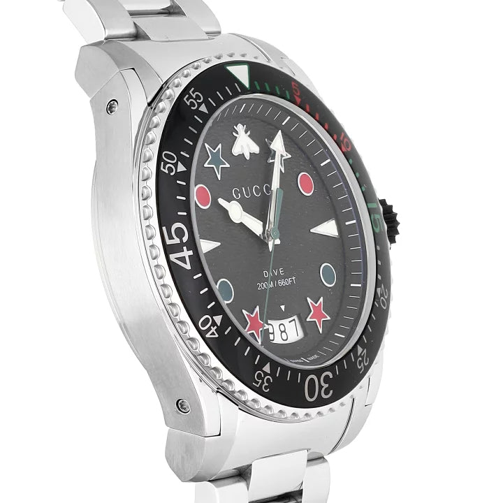  Shop Authentic Gucci Dive Quartz Black Dial Silver Steel Strap Watch For Men - YA136221 - Luxxuri