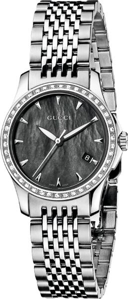  Shop Authentic Gucci G Timeless Diamonds Mother of Pearl Black Dial Silver Mesh Bracelet Watch For Women - YA126507 - Luxxuri