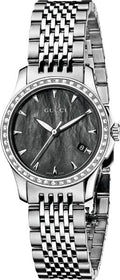  Shop Authentic Gucci G Timeless Diamonds Mother of Pearl Black Dial Silver Mesh Bracelet Watch For Women - YA126507 - Luxxuri