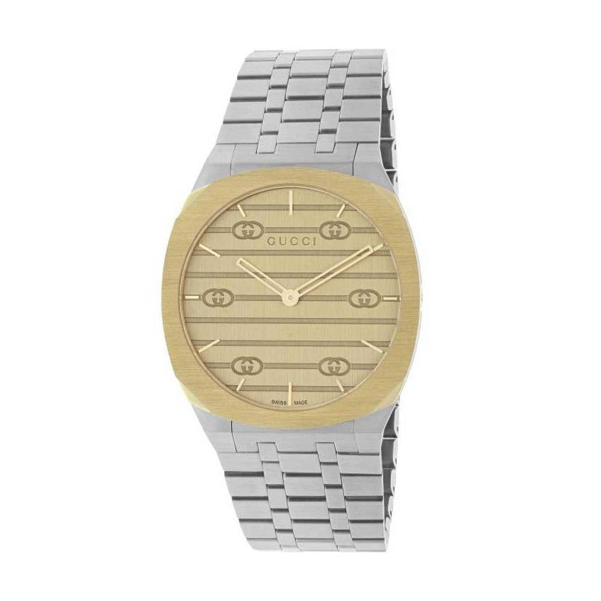  Shop Authentic Gucci 25H Quartz Gold Dial Silver Steel Strap Watch for Women - YA163403 - Luxxuri