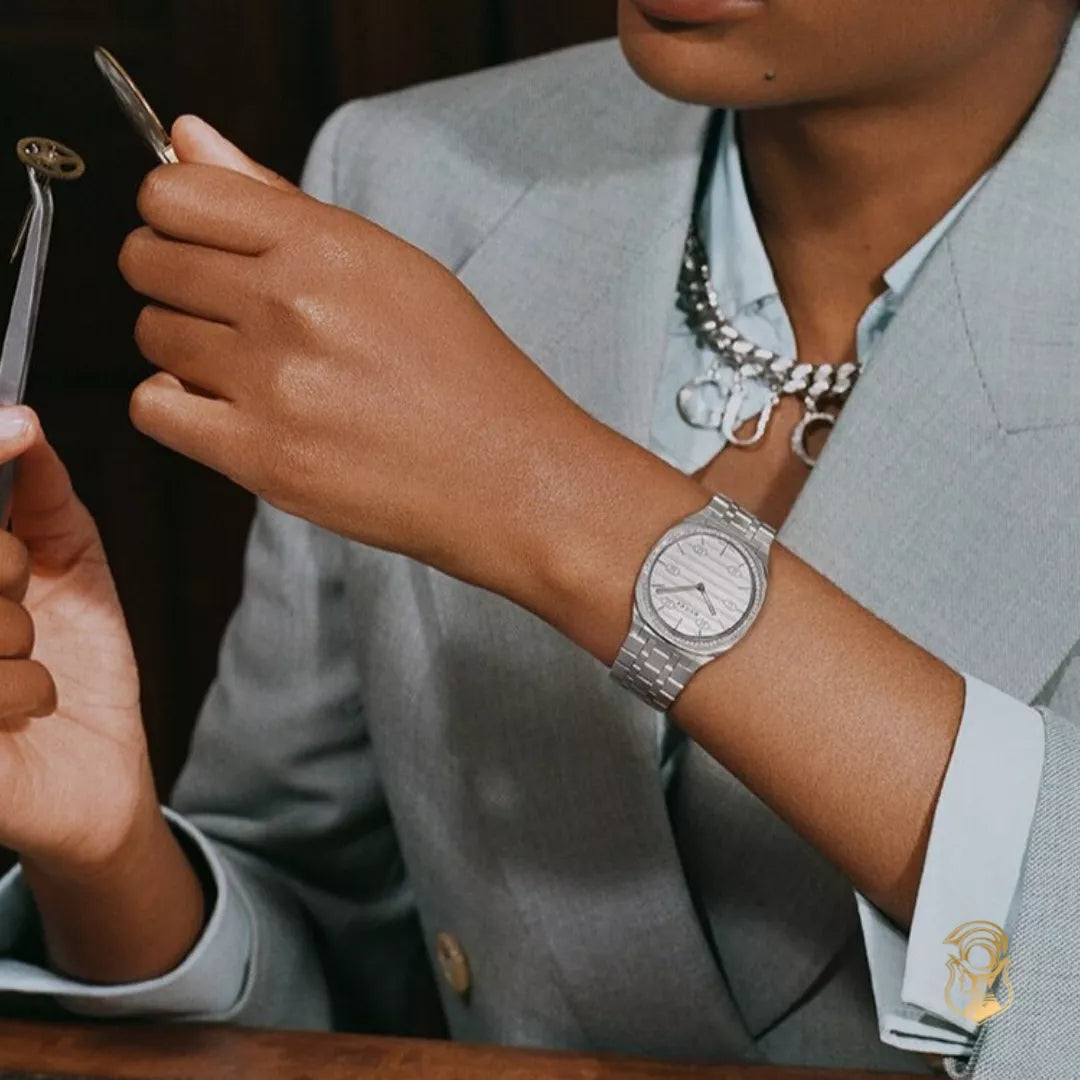  Shop Authentic Gucci 25H Quartz Diamonds Silver Dial Silver Steel Strap Watch for Women - YA163401 - Luxxuri