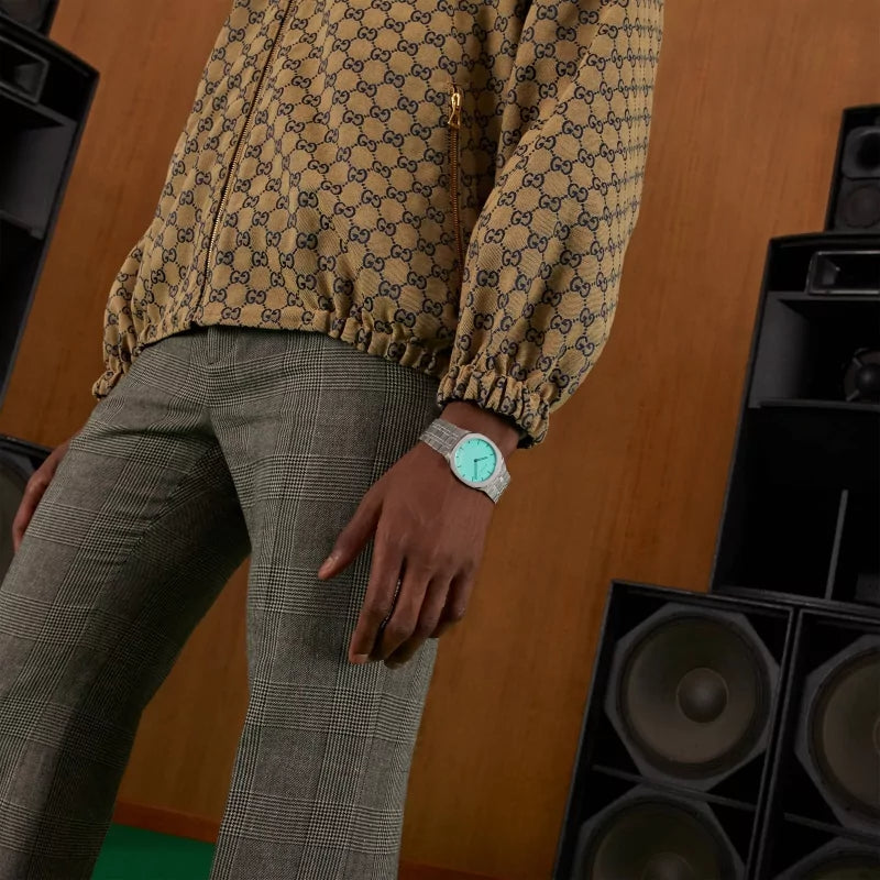  Shop Authentic Gucci 25H Quartz Turquoise Dial Silver Steel Strap Watch For Women - YA163409 - Luxxuri