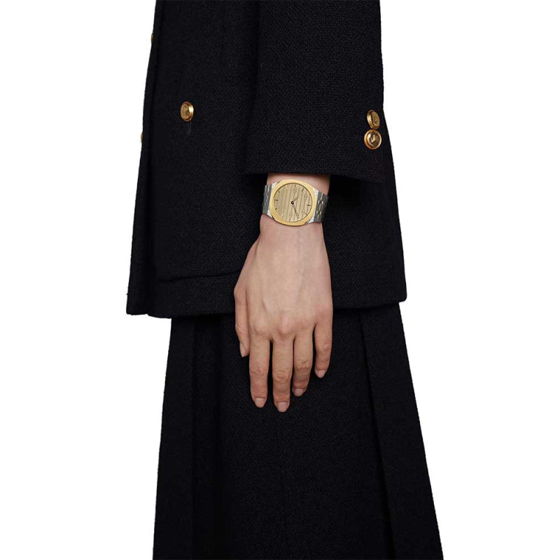  Shop Authentic Gucci 25H Quartz Gold Dial Silver Steel Strap Watch for Men - YA163405 - Luxxuri