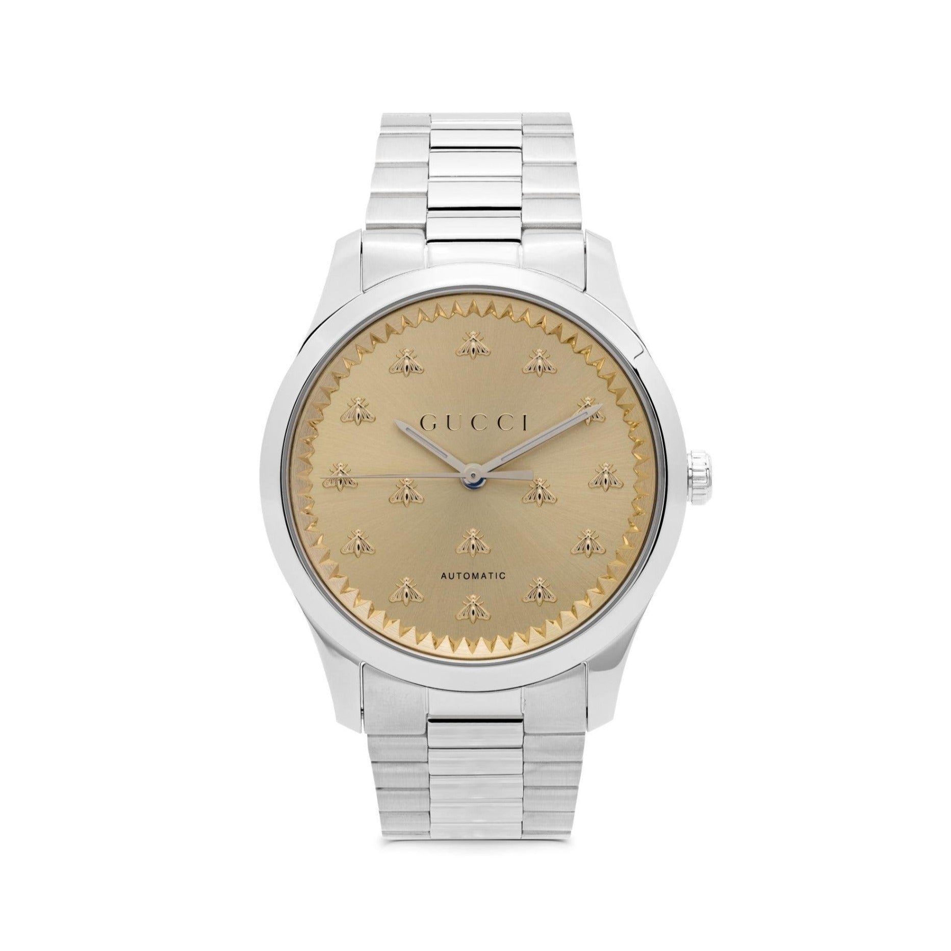  Shop Authentic Gucci G Timeless Quartz Gold Dial Silver Steel Strap Watch for Women - YA1265035 - Luxxuri