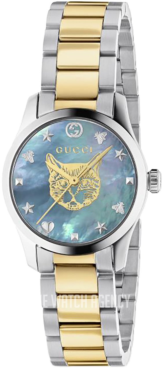  Shop Authentic Gucci G Timeless Quartz Mother of Pearl Blue Dial Two Tone Steel Strap Watch For Women - YA1265011 - Luxxuri