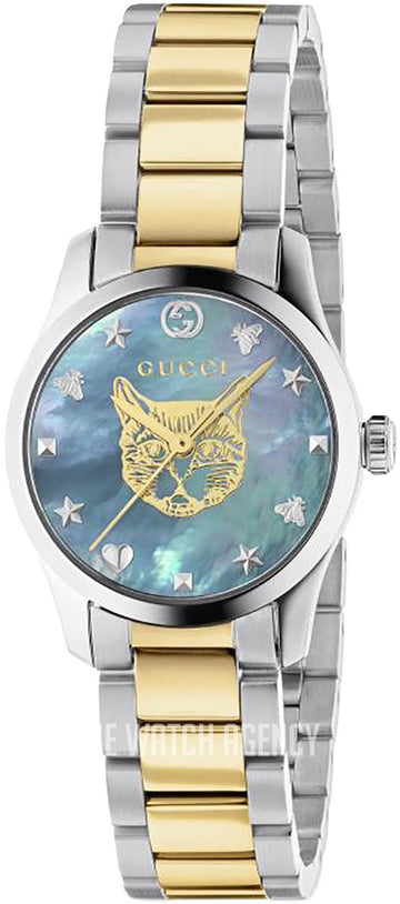  Shop Authentic Gucci G Timeless Quartz Mother of Pearl Blue Dial Two Tone Steel Strap Watch For Women - YA1265011 - Luxxuri