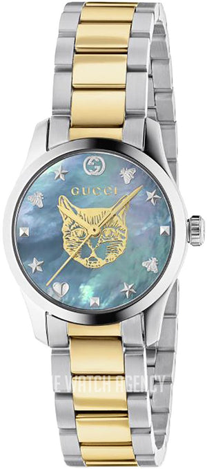  Shop Authentic Gucci G Timeless Quartz Mother of Pearl Blue Dial Two Tone Steel Strap Watch For Women - YA1265011 - Luxxuri