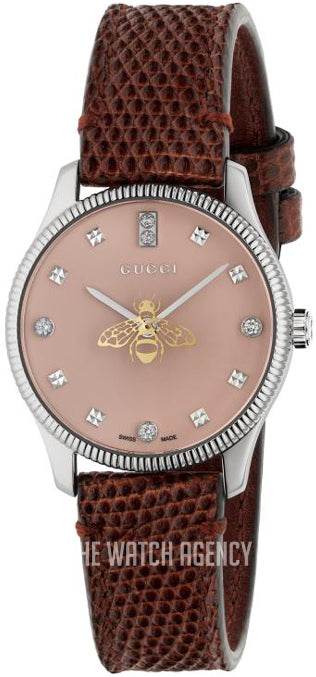  Shop Authentic Gucci G Timeless Quartz Diamonds Pink Dial Red Leather Strap Watch For Women - YA1265017 - Luxxuri