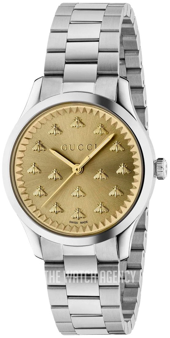  Shop Authentic Gucci G Timeless Quartz Gold Dial Silver Steel Strap Watch for Women - YA1265035 - Luxxuri