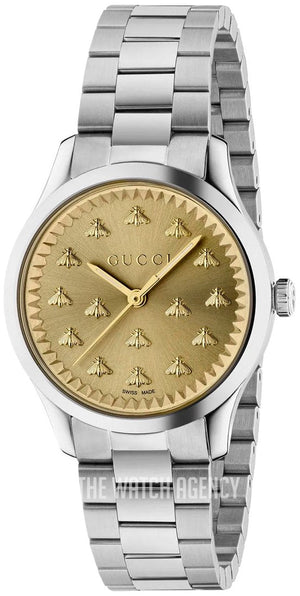  Shop Authentic Gucci G Timeless Quartz Gold Dial Silver Steel Strap Watch for Women - YA1265035 - Luxxuri