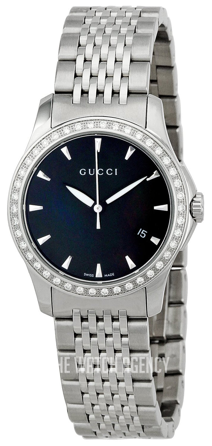  Shop Authentic Gucci G Timeless Diamonds Mother of Pearl Black Dial Silver Mesh Bracelet Watch For Women - YA126507 - Luxxuri