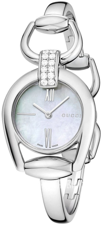  Shop Authentic Gucci Horsebit Collection Diamonds Mother of Pearl White Dial Silver Steel Strap Watch For Women - YA139504 - Luxxuri