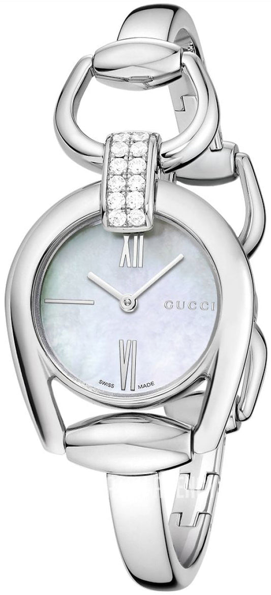  Shop Authentic Gucci Horsebit Collection Diamonds Mother of Pearl White Dial Silver Steel Strap Watch For Women - YA139504 - Luxxuri