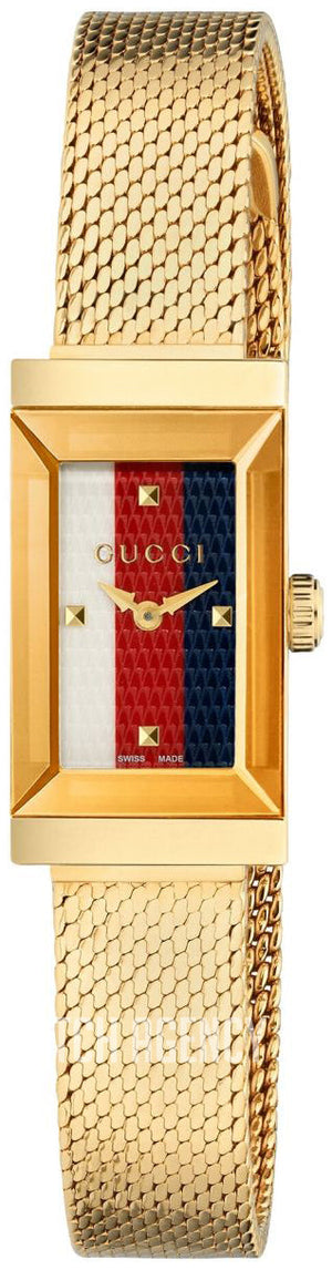  Shop Authentic Gucci G Frame Quartz Diamonds White Red Blue Dial Gold Mesh Bracelet Watch For Women - YA147511 - Luxxuri