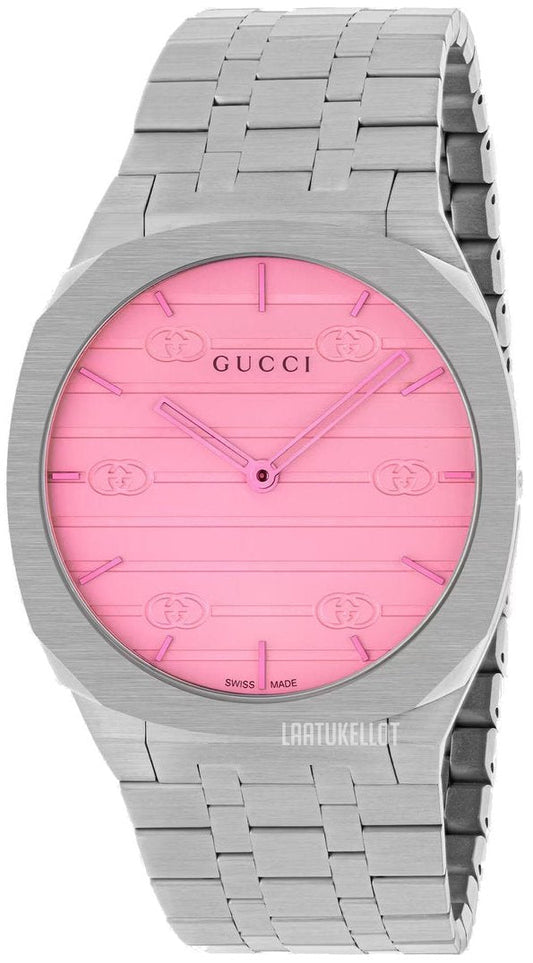  Shop Authentic Gucci 25H Quartz Pink Dial Silver Steel Strap Watch for Women - YA163410 - Luxxuri