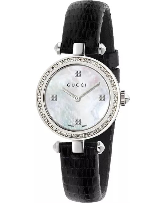  Shop Authentic Gucci Diamantissima Diamonds Mother of Pearl Dial Black Leather Strap Watch For Women - YA141511 - Luxxuri