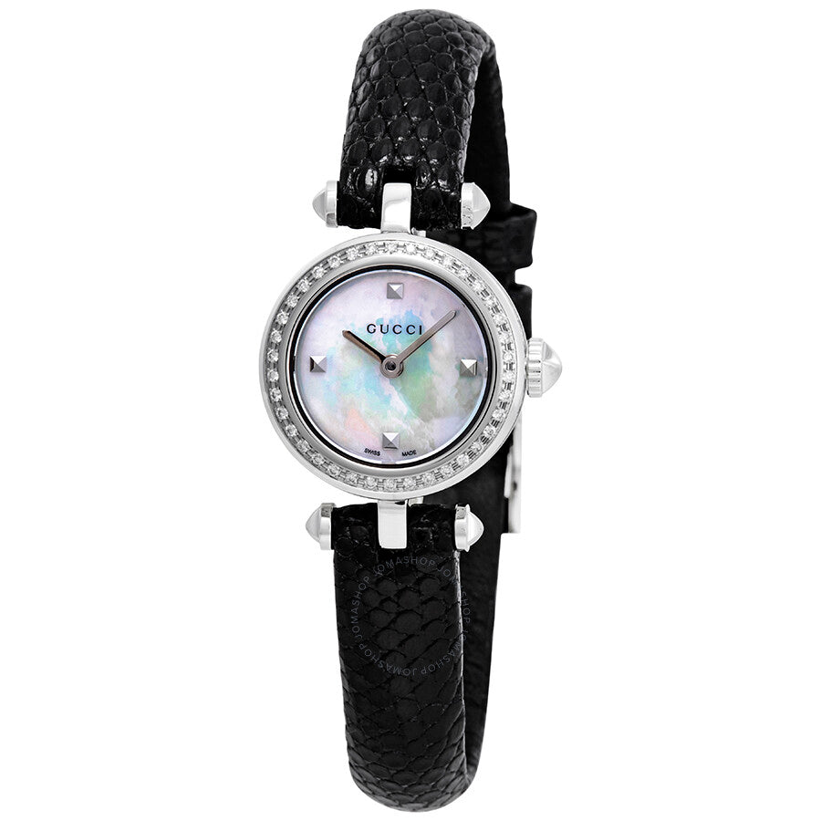  Shop Authentic Gucci Diamantissima Diamonds Mother of Pearl Dial Black Leather Strap Watch For Women - YA141511 - Luxxuri