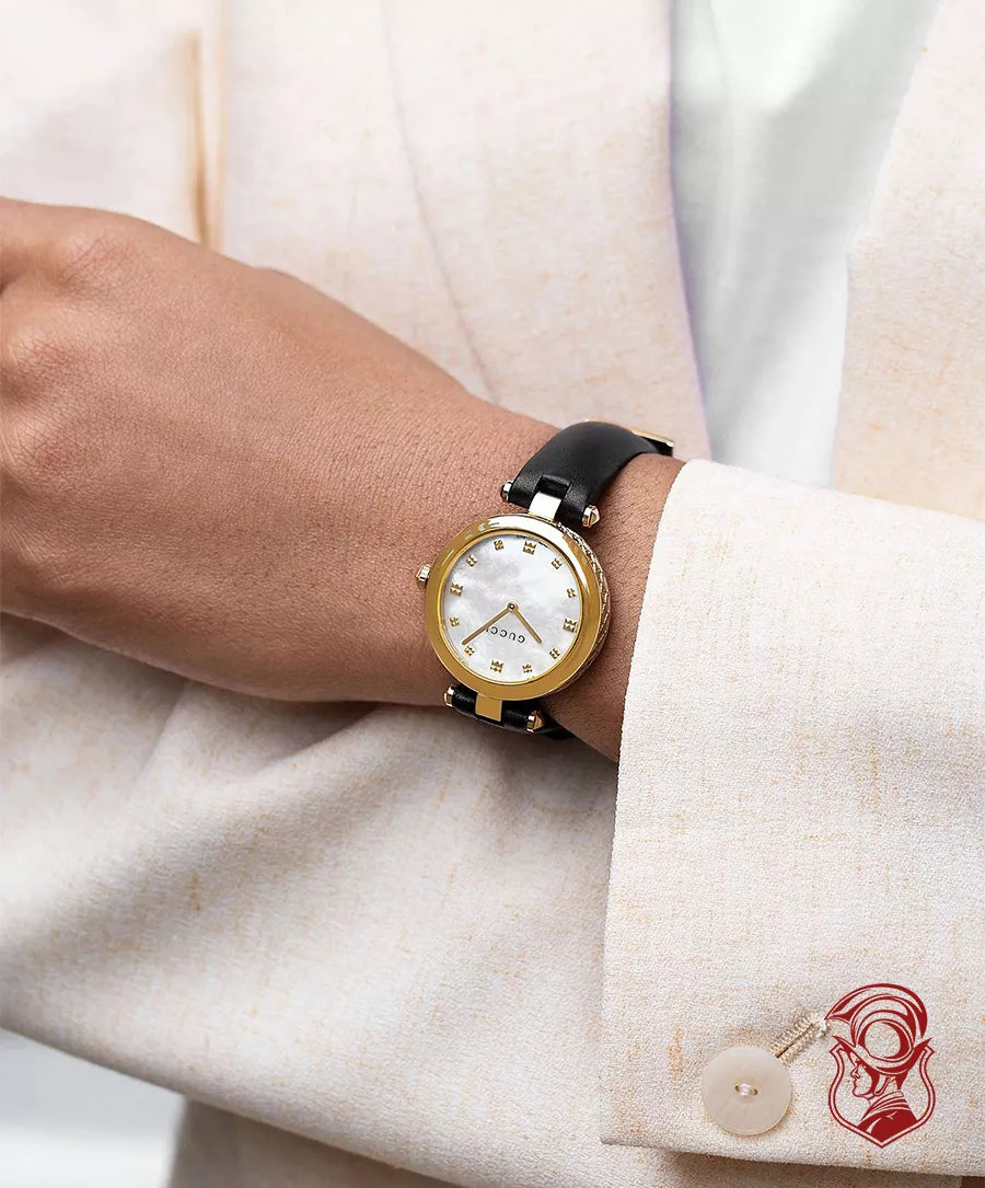  Shop Authentic Gucci Diamantissima Quartz Mother of Pearl Dial Black Leather Strap Watch for Women - YA141404 - Luxxuri