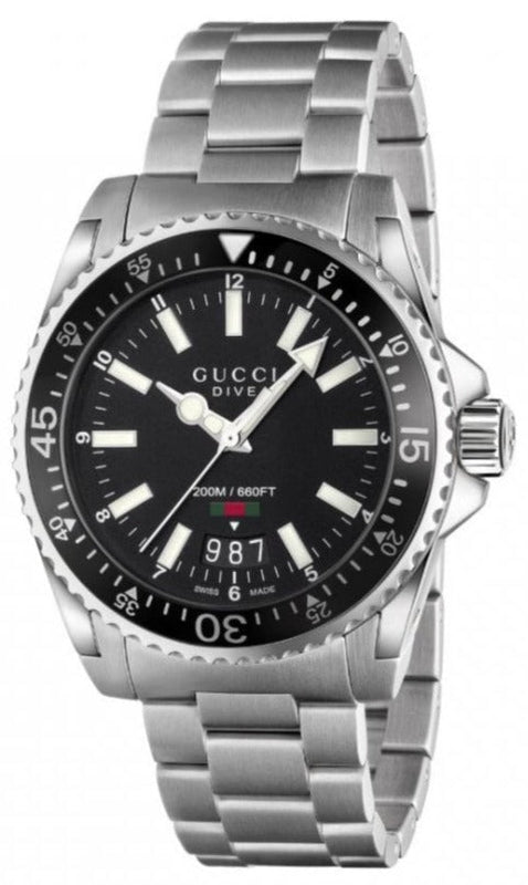  Shop Authentic Gucci Dive Quartz Black Dial Silver Steel Strap Watch For Men - YA136301A - Luxxuri