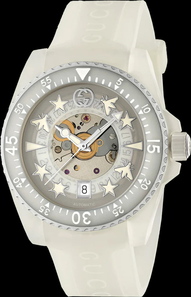  Shop Authentic Gucci Dive Automatic Transparent Dial White Rubber Strap Watch For Men - YA136343 - Luxxuri