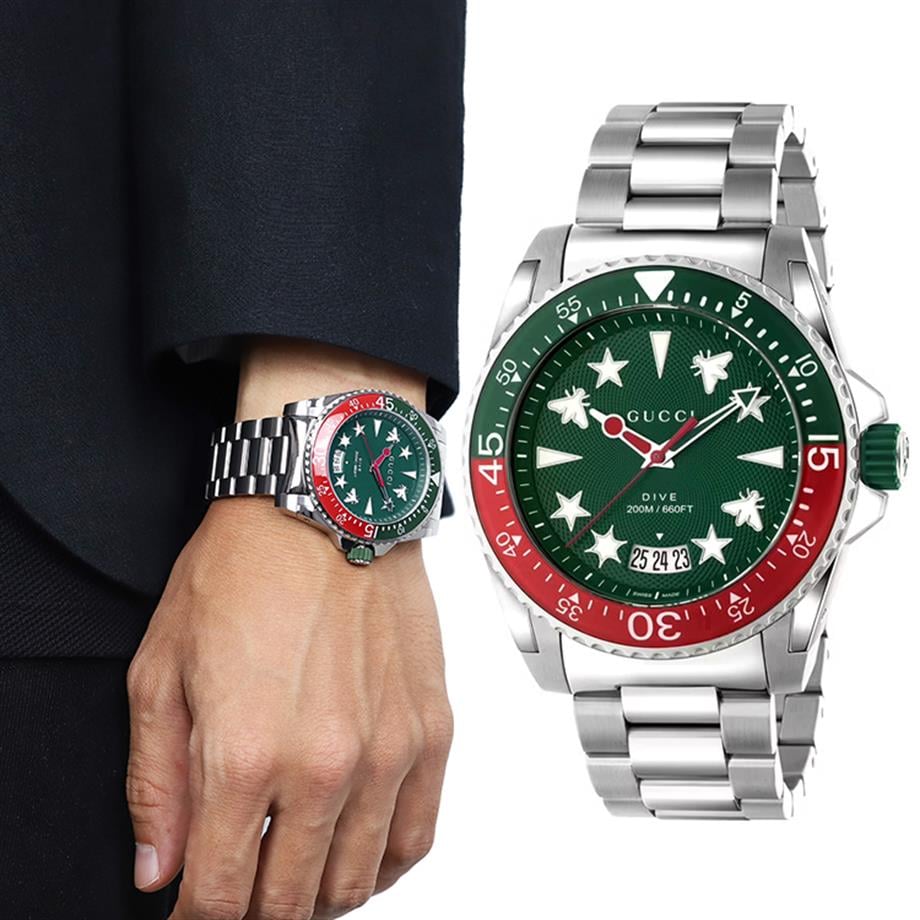  Shop Authentic Gucci Dive Quartz Green Dial Silver Steel Strap Watch For Men - YA136222 - Luxxuri