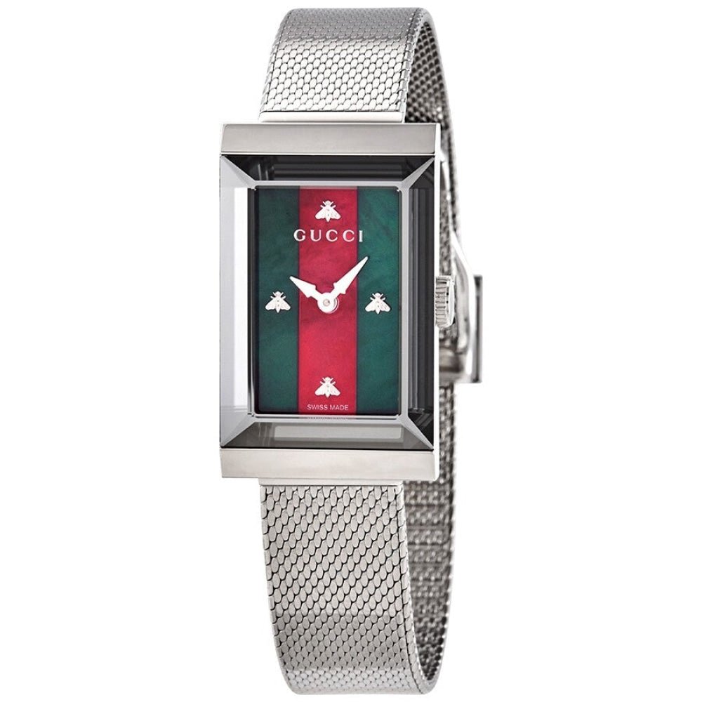  Shop Authentic Gucci G Frame Red and Green Dial Silver Mesh Bracelet Watch For Women - YA147401 - Luxxuri