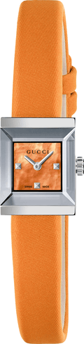  Shop Authentic Gucci G-Frame Square Mother of Pearl Orange Dial Orange Leather Strap Watch For Women - YA128532 - Luxxuri