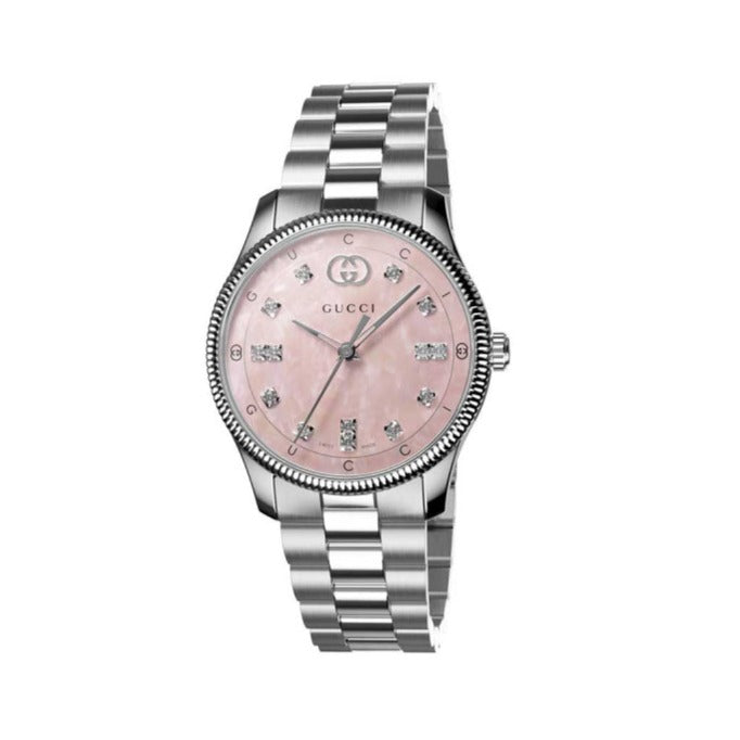  Shop Authentic Gucci G Timeless Diamonds Mother of Pearl Pink Dial Silver Steel Strap Watch for Women - YA1265062 - Luxxuri