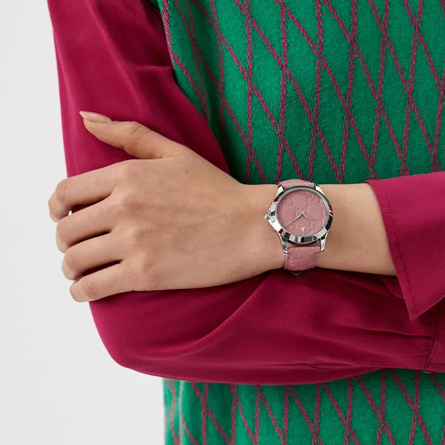  Shop Authentic Gucci G Timeless Quartz Candy Pink Dial Pink Leather Strap Watch For Women - YA1264030 - Luxxuri
