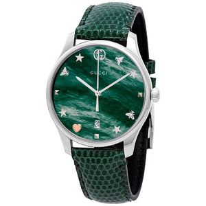  Shop Authentic Gucci G-Timeless Mother of Pearl Green Dial Green Leather Strap Watch For Women - YA1264042 - Luxxuri