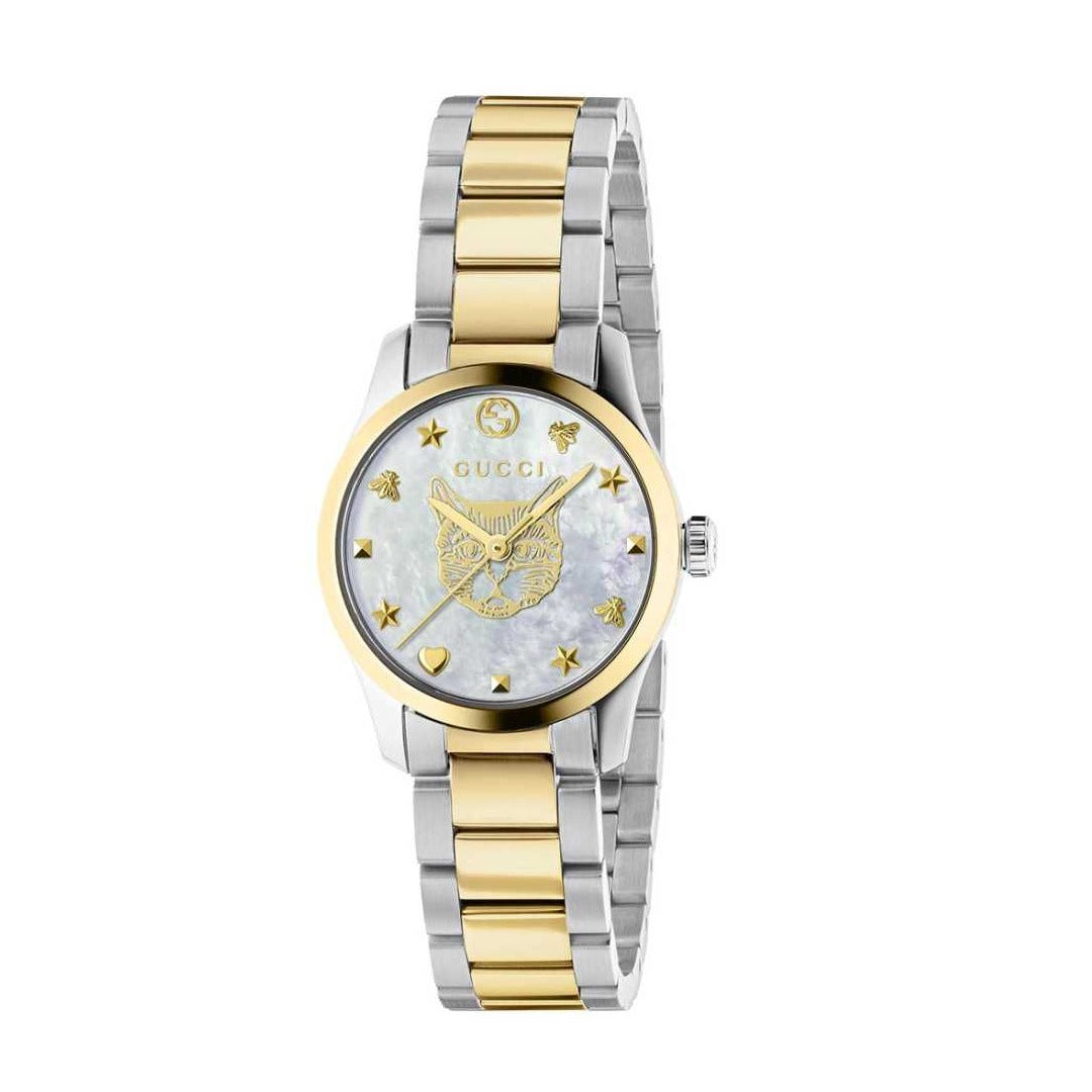  Shop Authentic Gucci G Timeless Quartz Mother of Pearl Dial Two Tone Steel Strap Watch For Women - YA1265012 - Luxxuri