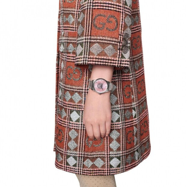  Shop Authentic Gucci G Timeless Quartz Mother of Pearl Pink Dial Silver Steel Strap Watch for Women - YA1264166 - Luxxuri