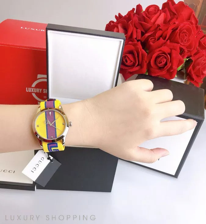 Shop Authentic Gucci G Timeless Quartz Yellow & Purple Dial Yellow & Purple NATO Strap Watch For Men - YA1264069 - Luxxuri